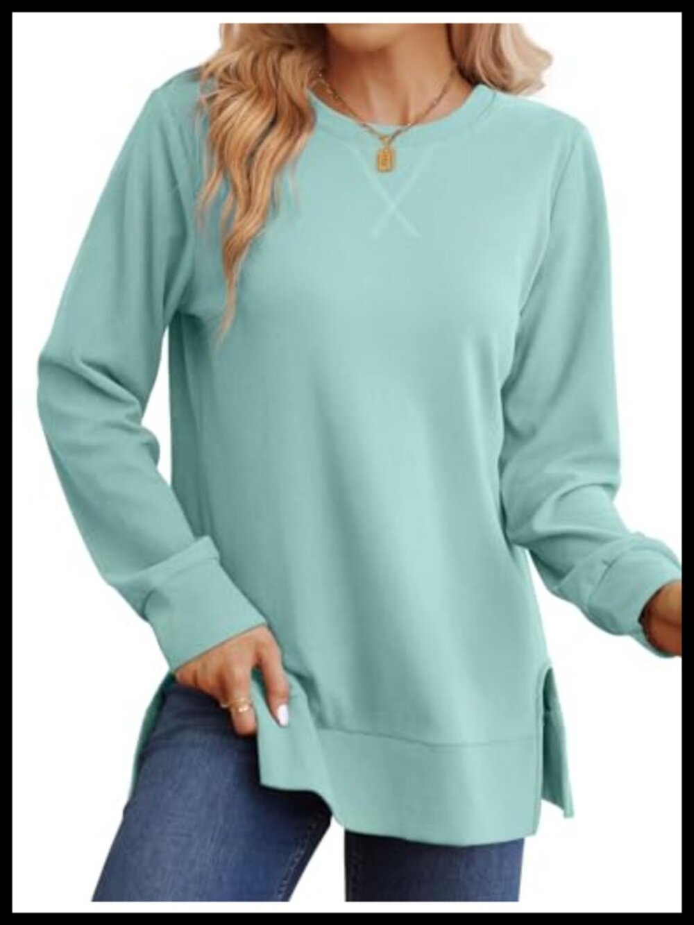 Saloogoe Womens Sweatshirt Long Sleeve Pullover Side Split Hem Relaxed Fit